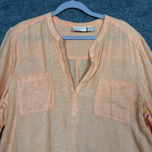 Chico's Size 2 Popover Split Neck Shirt Blouse Orange Linen High Low 3/4 Sleeves - Picture 3 of 8